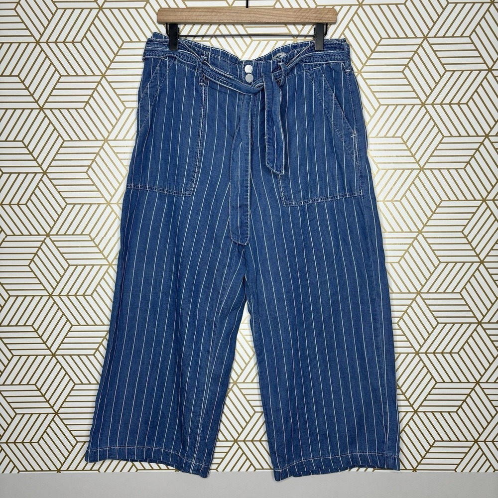 Seven7 Wide Leg Crop Jeans 8 Blue Striped High Rise Lightweight Denim Beachy